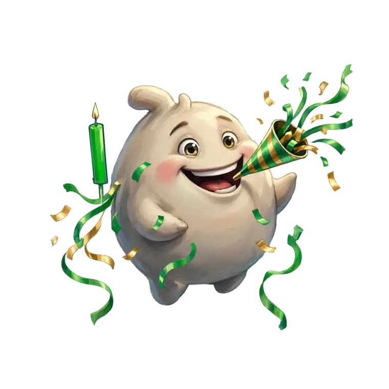 Fetti, a round confetti creature with a party popper